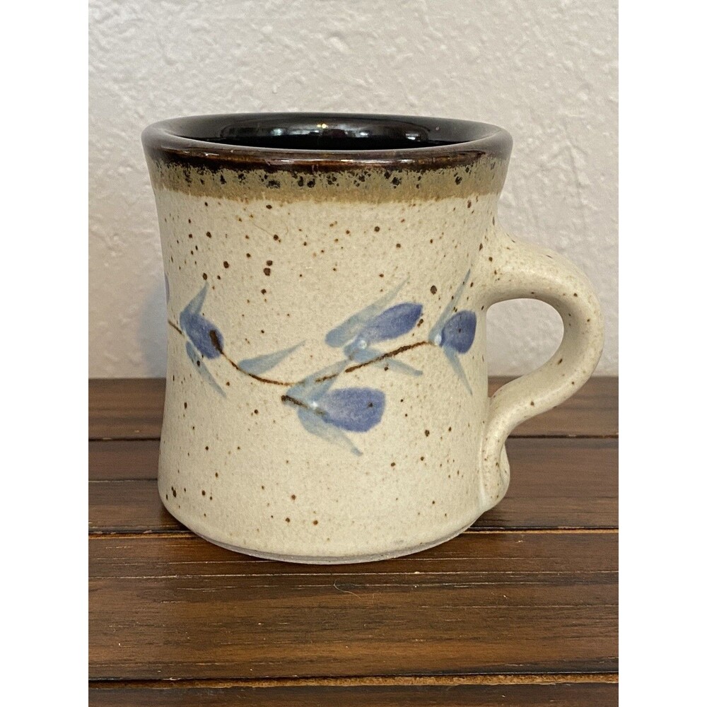 Stoneware Pottery Coffee Mug Cup Stamped Floral Speckled Blue Flowers